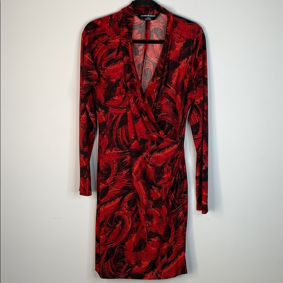 Norma Kamali Dresses & Skirts - Norma kamali red black feather faux wrap dress XL